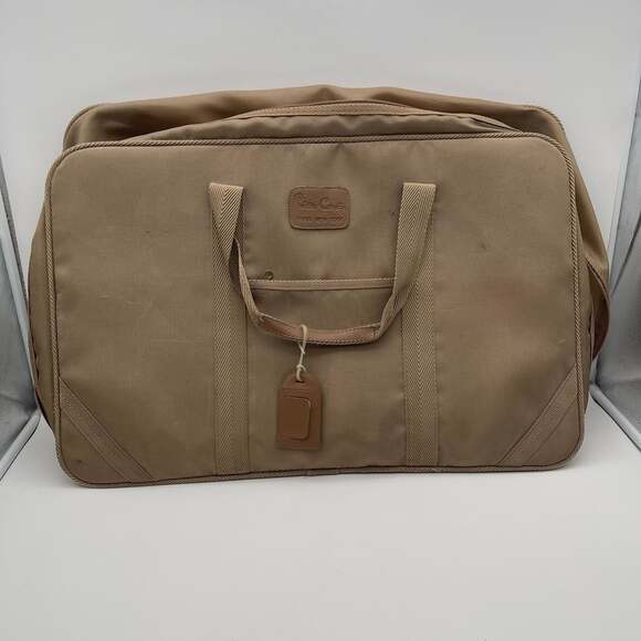 Vintage Pierre Cardin Tan Canvas Travel Bag Soft-Sided Suitcase with Leather Tr